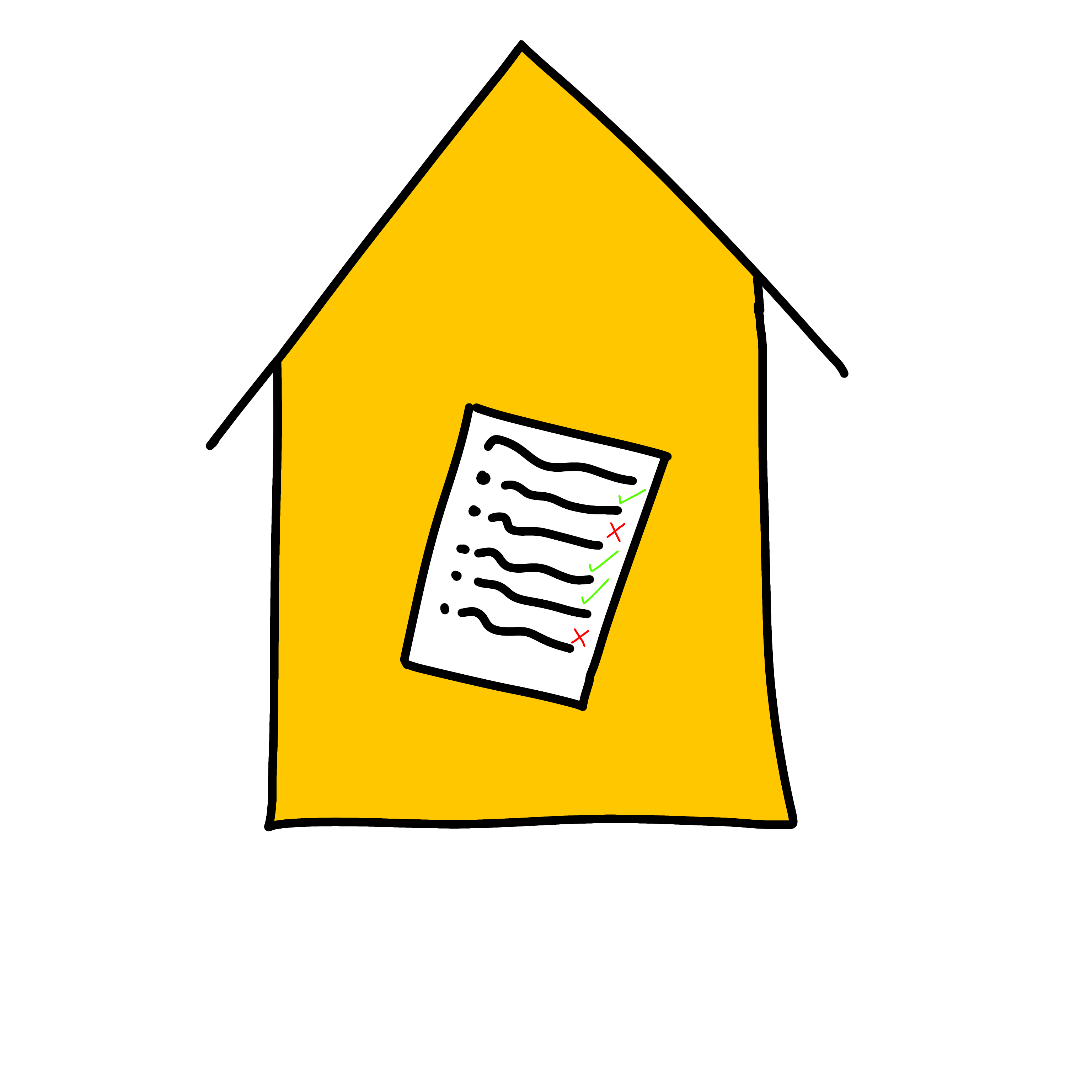 a yellow house shape, inside there is a white sheet of paper with dots and lines to represent writing and green ticks and red crosses.